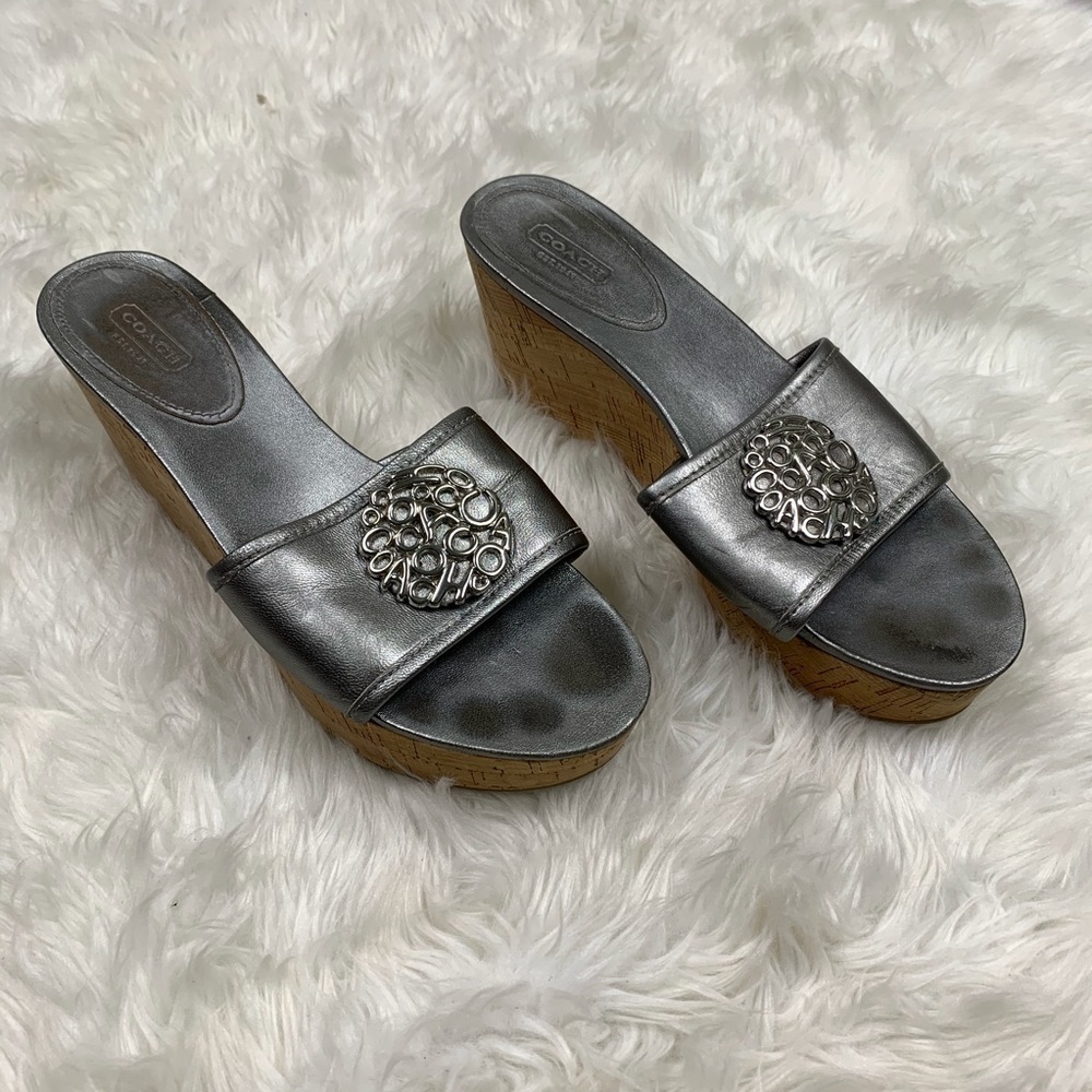 Coach Judith Silver Open Toe Wedge Sandals Size 10 Cork Heel